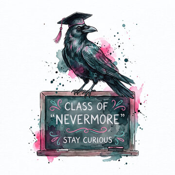 A clever black raven bird sitting on top of a school chalkboard, wearing a tiny graduation cap, cute spooky pastel goth style, watercolor illustration.