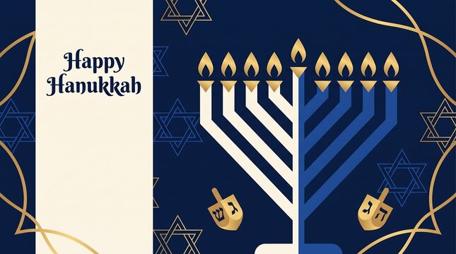 Hanukkah Greeting Banner with Two-Tone Menorah, Golden Dreidels, and Star of David Pattern