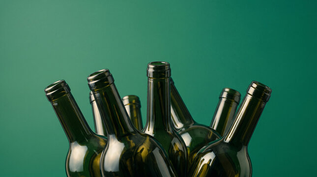 minimalist studio shot of green wine bottles arranged in a cluster