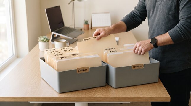 A person organizing business and personal financial documents in labeled filing system folders