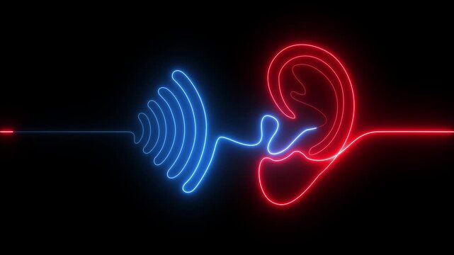 Human Ear with Sound Waves Neon One Continuous Line Art Hearing Sense Listening Anatomy Vector Illustration.4k Video.