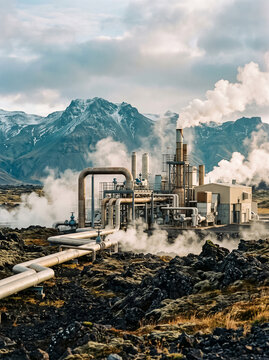 renewable energy geothermal power station with steam pipes and mountains