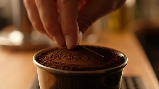 Barista leveling espresso coffee grounds in portafilter basket with metal tool for even extraction