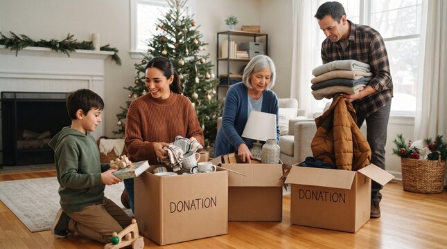 A multi-generational family packing household items into cardboard boxes for charitable donation