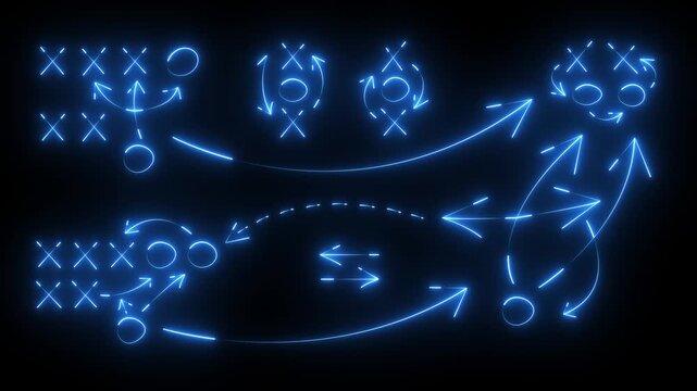 Glowing hand neon drawn blue sports tactic board diagram with xs and os strategy arrows illustration ,4k motion graphics video.