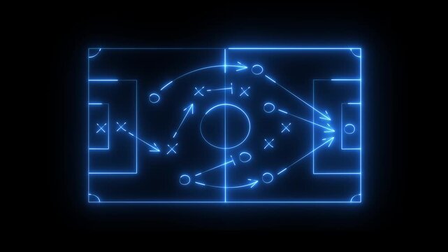 Glowing neon hand drawn blue sports tactic board diagram with xs and os strategy arrows illustration on black background 4k animation video.