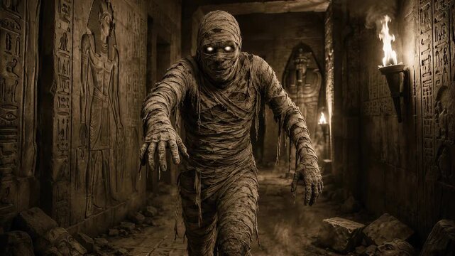 Mummy advancing through an ancient Egyptian tomb corridor. Halloween horror and undead creature. Egyptology and ancient civilization. Haunted tomb, supernatural thriller.