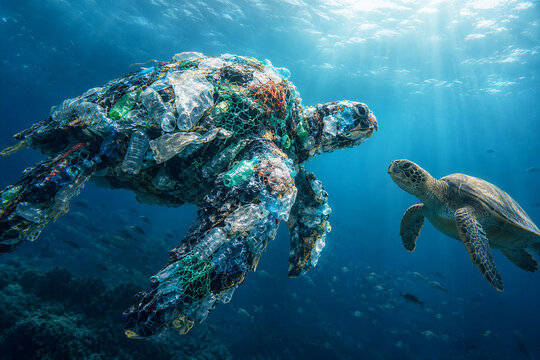 Sea turtles swimming in ocean with plastic pollution surrounding them -  