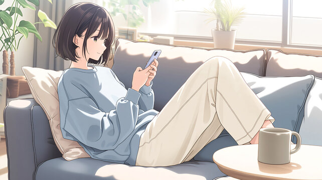 ソファに寝転がってスマートフォンを見る若い女性のアニメ風イラスト