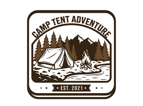 Vintage style badge logo featuring a brown and white camping scene with a tent campfire pine forest mountains and a winding river under a curved banner text