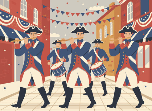 Lively illustration of a Revolutionary War fife and drum corps marching in a festive street decorated with patriotic banners, celebrating American history.