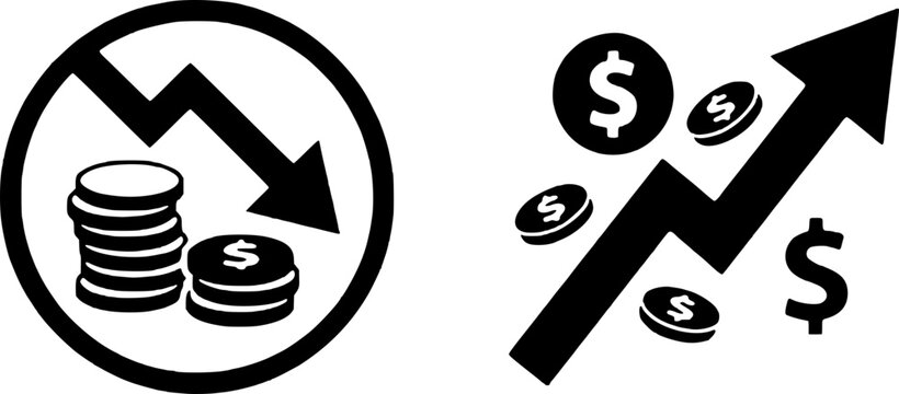 Financial decrease down arrow with coins pile and upward growth arrow with flying dollar coins vector icons set representing market fluctuation, economic loss, profit gain, and wealth management