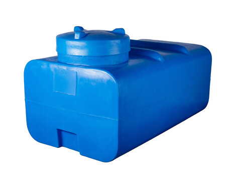 Large blue plastic water tank used for storage in various settings