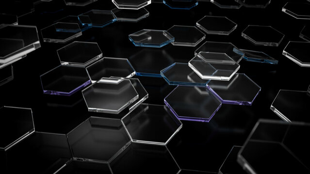 Transparent glass hexagonal shapes floating in a dark space with subtle blue light reflections glow