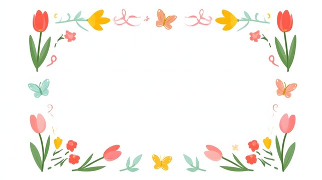A charming vector illustration featuring a botanical frame with colorful spring tulips, delicate green leaves, and playful butterflies on a clean white background