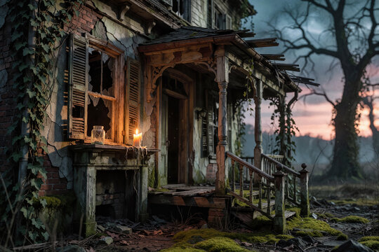 Haunted house, old worn-down abandoned home, creepy and spooky, Halloween concept