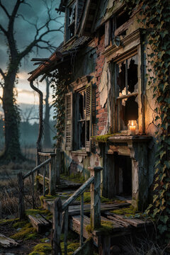 Haunted house, old worn-down abandoned home, creepy and spooky, Halloween concept