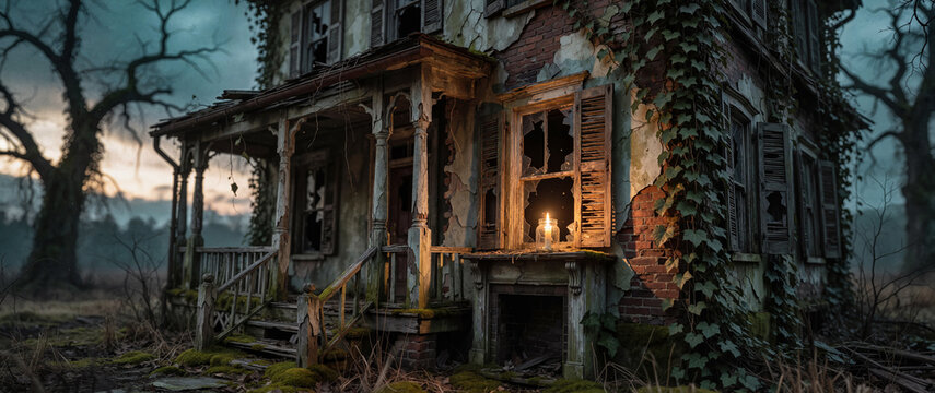 Haunted house, old worn-down abandoned home, creepy and spooky, Halloween concept