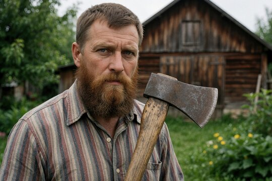 Strong bearded man holds old axe in yard. Muscular caucasian lumberjack works outdoors near wooden rustic house. Male woodworker with rough skin, intense gaze prepares for timber job. Rugged worker