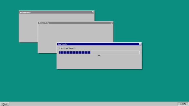 Vintage style operating system desktop features opening folder windows and a loading progress bar during a mock data transfer process.