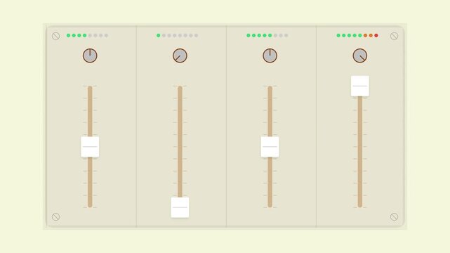 Minimalist graphic interface of an audio mixer with animated sliders and volume level indicators moving up and down.