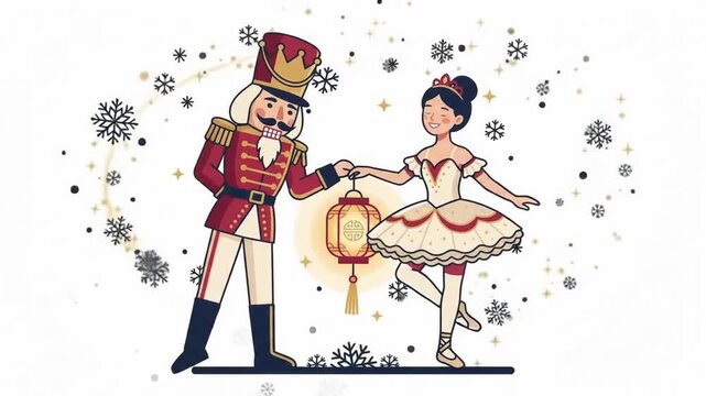 Christmas nutcracker soldier and ballerina holding a glowing Chinese lantern, loopable cartoon animation with falling snowflakes on white background
