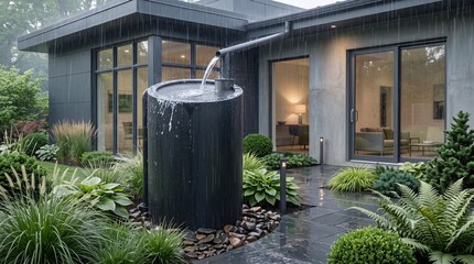 Obraz premium Modern house with rain collecting system and lush green garden in the rain