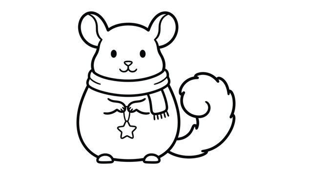 Chinchilla wearing a scarf, black and white drawing: A charming black and white drawing depicts a cute chinchilla wearing a scarf and a star pendant, exuding a playful and festive holiday spirit.