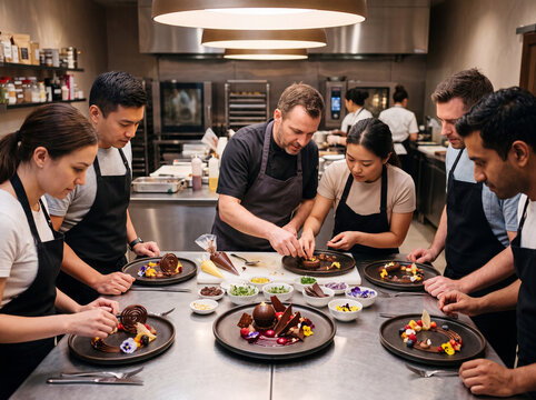 Brigade de chefs concentr&eacute;s autour du passe, perfectionnant avec rigueur et art le dressage minutieux des assiettes gastronomiques pour un service irr&eacute;prochable
