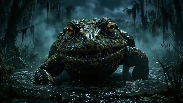 Giant scary toad monster emerging from a dark spooky swamp in creepy horror video footage