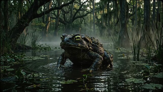 Giant toad resting in shallow swamp waters surrounded by eerie foggy trees and green marsh vegetation video footage