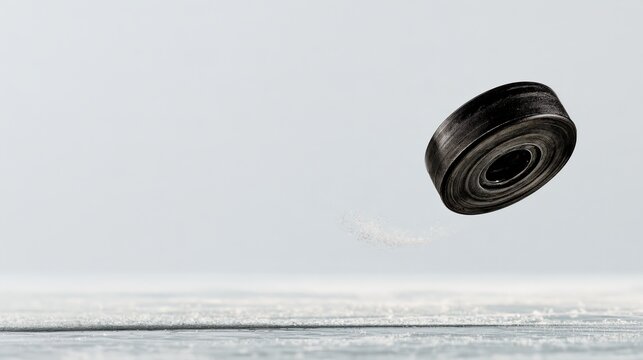 Cozy floating hockey puck spinning on ice rink, festive photo