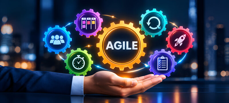 Businessman Hand Holding Glowing Agile Project Management Gear Icons for Team Sprint Development

