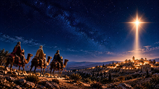 Wise Men Guided By Bright Bethlehem Christmas Star
