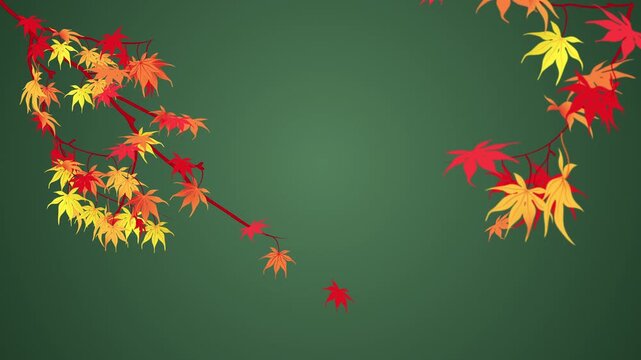 Autumn red maple leaves swaying in the wind on a branch, seamless loop animation with copy space on a deep green background