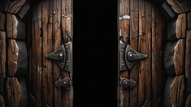 Heavy medieval wooden doors slowly opening with dark mysterious interior revealed in motion video clip