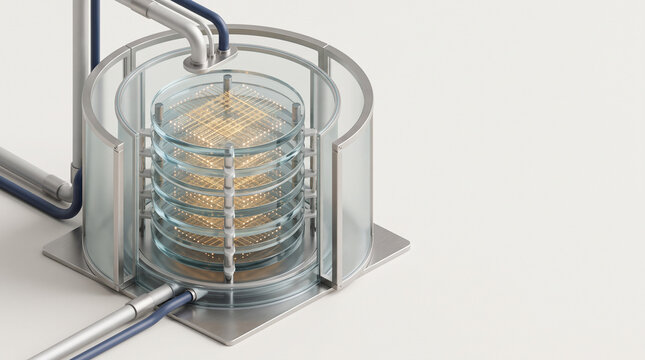 Isometric 3D render of multi layered glass memory stack storing glowing gold superposition state arrays inside cryogenic vacuum chamber on off white backdrop with copy space