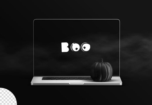 Halloween Concept Laptop Screen Mockup with Pumpkin Isolated
