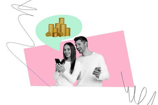 Composite trend artwork sketch image photo collage of person young woman man couple hold phone mind cloud dream money dollar golden coin
