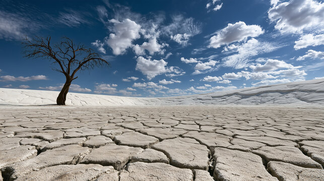  A dead tree stands on cracked dry earth, with white sand dunes and a blue sky with clouds in the background.