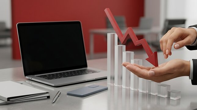 Business woman hands holding a red downward arrow over a glass bar chart on an office desk with a laptop, symbolizing financial loss, stock market crash, economic recession and business failure.