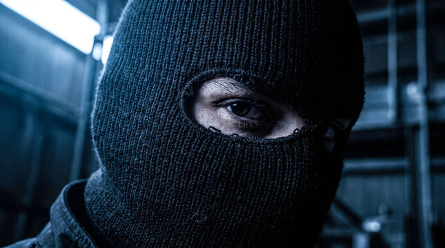 Mysterious person in black balaclava looking directly at camera in dim industrial environment represents security threat cybercrime espionage or robbery concepts.