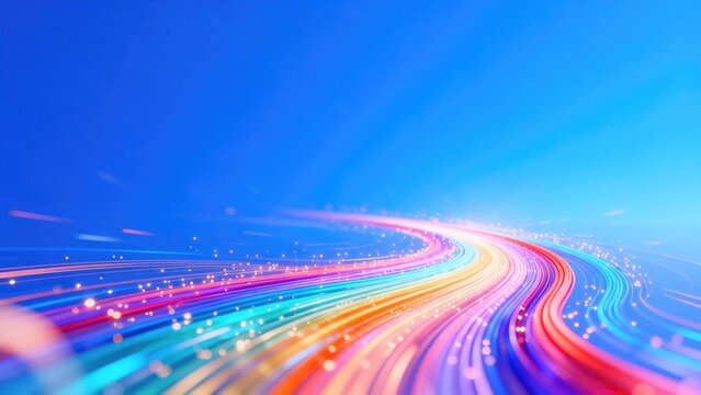 Colorful glowing light trails flowing across blue abstract background, idea for digital technology, high speed data transfer and dynamic communication networks
