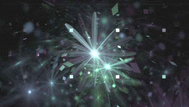 Digital artwork featuring abstract explosion of light and geometric shapes, creating dynamic and futuristic atmosphere. composition includes glowing lines and squares in dark background