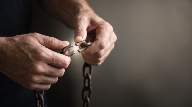 Hands breaking rusty metal chain symbolizing freedom and liberation