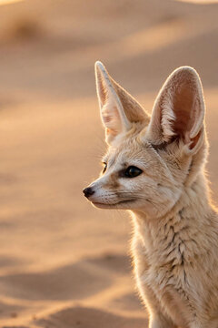 Fennec fox portrait in desert at golden hour