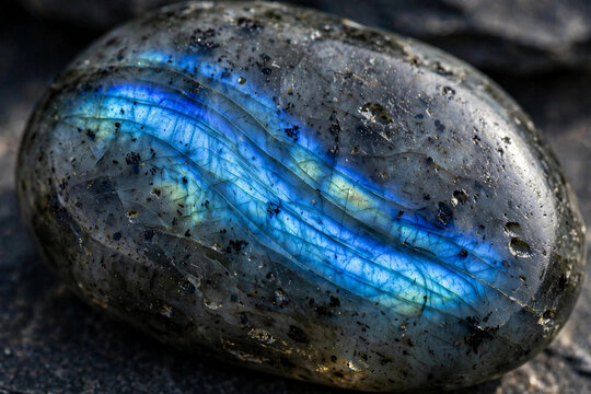 Polished labradorite stone with blue flash macro