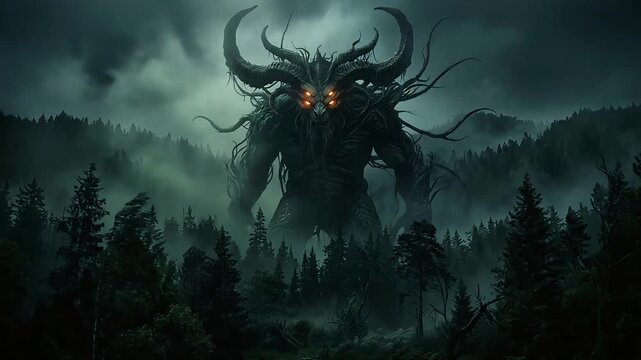 Massive horned demon monster rising over dark foggy forest in this cinematic fantasy motion video clip