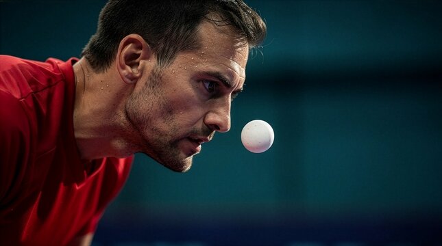 Intense close-up of a sweaty male table tennis player intensely focusing on a floating white ping pong ball during a match, captured in a dramatic and sharp cinematic lighting style.