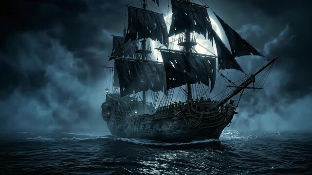 Mysterious pirate ship sailing across dark stormy ocean waves beneath full moon night sky in motion footage